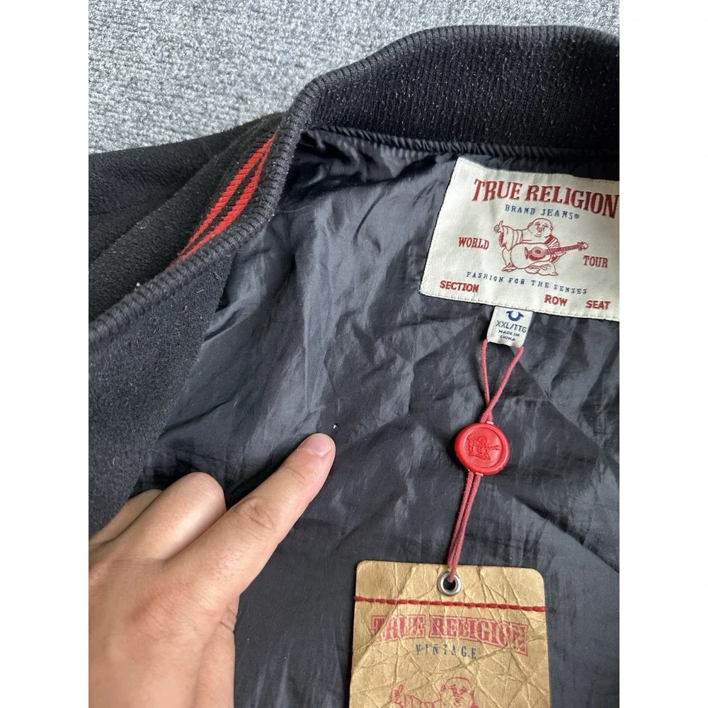 Mens True Religion World Tour Varsity Jacket Black Red Patches, Size 2XL
